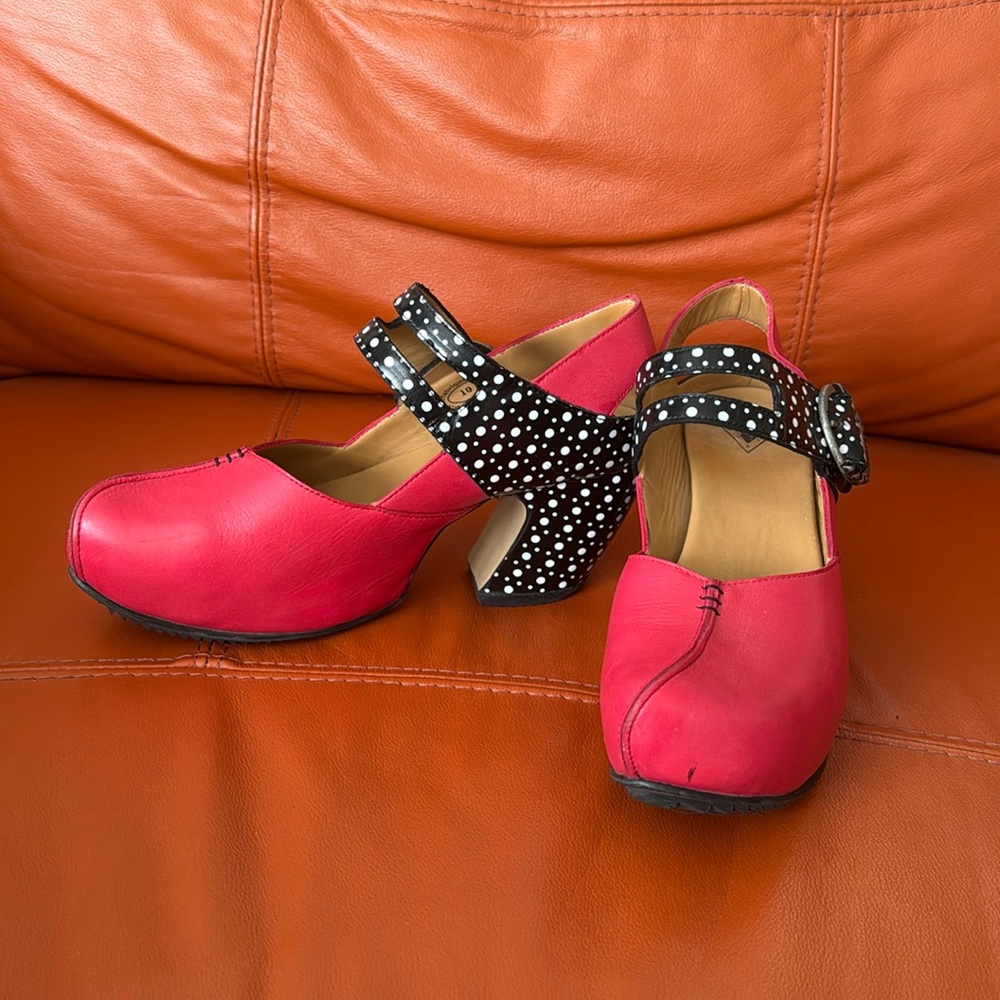 John Fluevog Pink and Black Heels with Polka Dot Strap